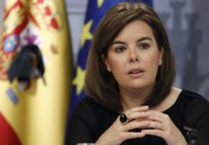 La vicepresidenta del Gobierno, Soraya S&aacute;enz de Santamar&iacute;a, durante la rueda de prensa posterior a la reuni&oacute;n del Consejo de Ministros de la pasada semana. 