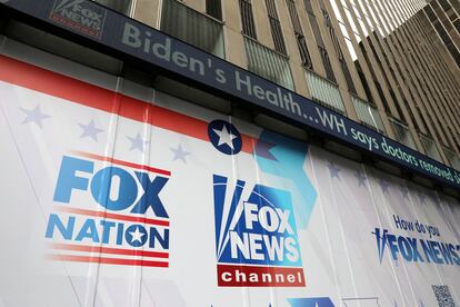 A headline for a story on the health of U.S. President Joe Biden is displayed at the Fox News headquarters in New York City, U.S. March 4, 2023.