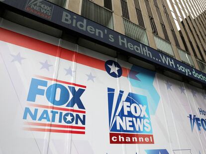 A headline for a story on the health of U.S. President Joe Biden is displayed at the Fox News headquarters in New York City, U.S. March 4, 2023.