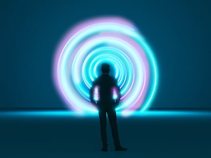 Colorful portal or vortex with a spiral pattern. Man stands in front of it undecided. Maybe it is a time machine.