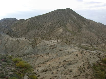 Panorámica parcial del posible cráter, a los pies del Cerro Negro, en el desierto de Tabernas, donde han encontrado concentraciones inusuales de iridio.