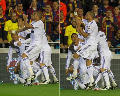 Pepe dedica tres cortes de mangas a los aficionados del Barcelona durante la celebración del gol del Madrid.