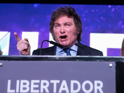 El economista ultraliberal Javier Milei habla durante un mitin tras conocer los resultados de las primarias, en Buenos Aires (Argentina).