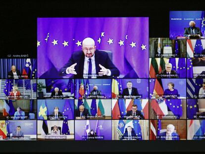 Imagen de la videoconferencia del Consejo Europeo de este jueves, tomada desde Lisboa.