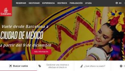 Pantalla de la web de Emirates con la promoción de su nuevo vuelo entre Barcelona y México.