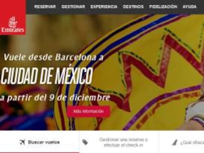 Pantalla de la web de Emirates con la promoción de su nuevo vuelo entre Barcelona y México.