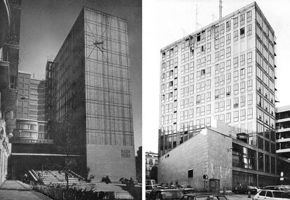 A la izquierda, entrada principal de la sede del diario 'Pueblo', de Rafael Aburto. A la derecha, vista desde la calle Huertas, en Madrid, hacia 1969. Solo quedó la estructura y ahora es la sede del Consejo Económico y Social.