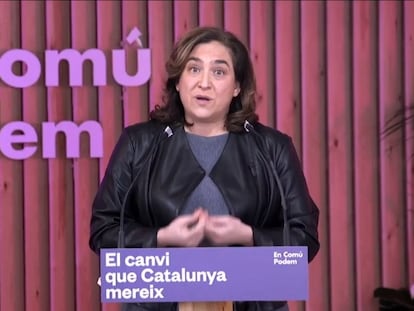 La alcaldesa de Barcelona, Ada Colau, este domingo en el acto electoral de En Comú Podem.
