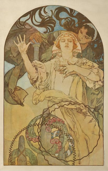 Litografía de 1927. Una de las características del arte de Mucha es la plasmación de su identidad checa y eslava, además del amor por la familia y por su tierra de origen.