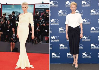 Tilda Swinton eligió un vestido amarillo palo para posar en la alfombra roja de A bigger Splash, filme por el que la actriz ha sido muy aplaudida.