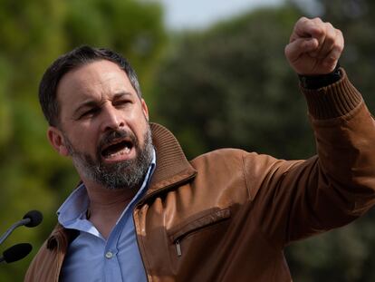 El líder de Vox, Santiago Abascal, durante su intervención en un acto de campaña celebrado el sábado en Tarragona.