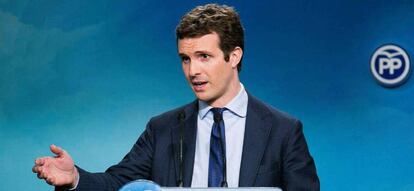 Pablo Casado, el 10 de abril en la sede de su partido en Madrid.