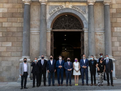 Recepción oficial del Govern, en el Palau de la Generalitat, de los líderes independentistas indultados por el Gobierno, este lunes.