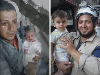Khaled Omar Harrah, en el momento del rescate de Mahmoud Ibildi y con el mismo niño, varios meses después.