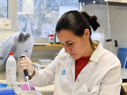 Una investigadora manipula una mostra als laboratoris d'IrsiCaixa.