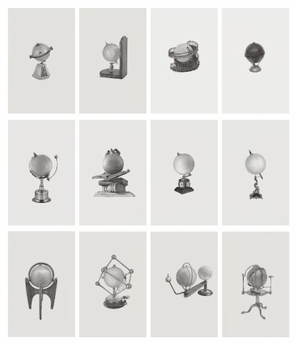 Serie 365 Globos, de Fraga, que realizó a lo largo de un año, dibujando cada día un globo terráqueo vacío sostenido sobre diferentes soportes como una pila de libros.