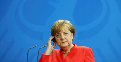 La canciller alemana, Angela Merkel, el mi&eacute;rcoles en Berl&iacute;n en una rueda de prensa