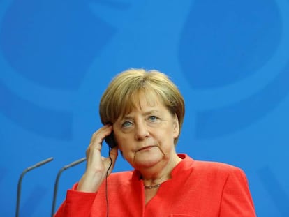 La canciller alemana, Angela Merkel, el mi&eacute;rcoles en Berl&iacute;n en una rueda de prensa