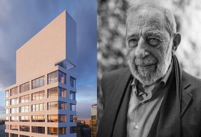 A la izquierda, corona del rascacielos de Álvaro Siza en el 611 de la calle 56 de Nueva York. A la derecha, el arquitecto durante una conversación con el crítico de arquitectura Paul Goldberger. |