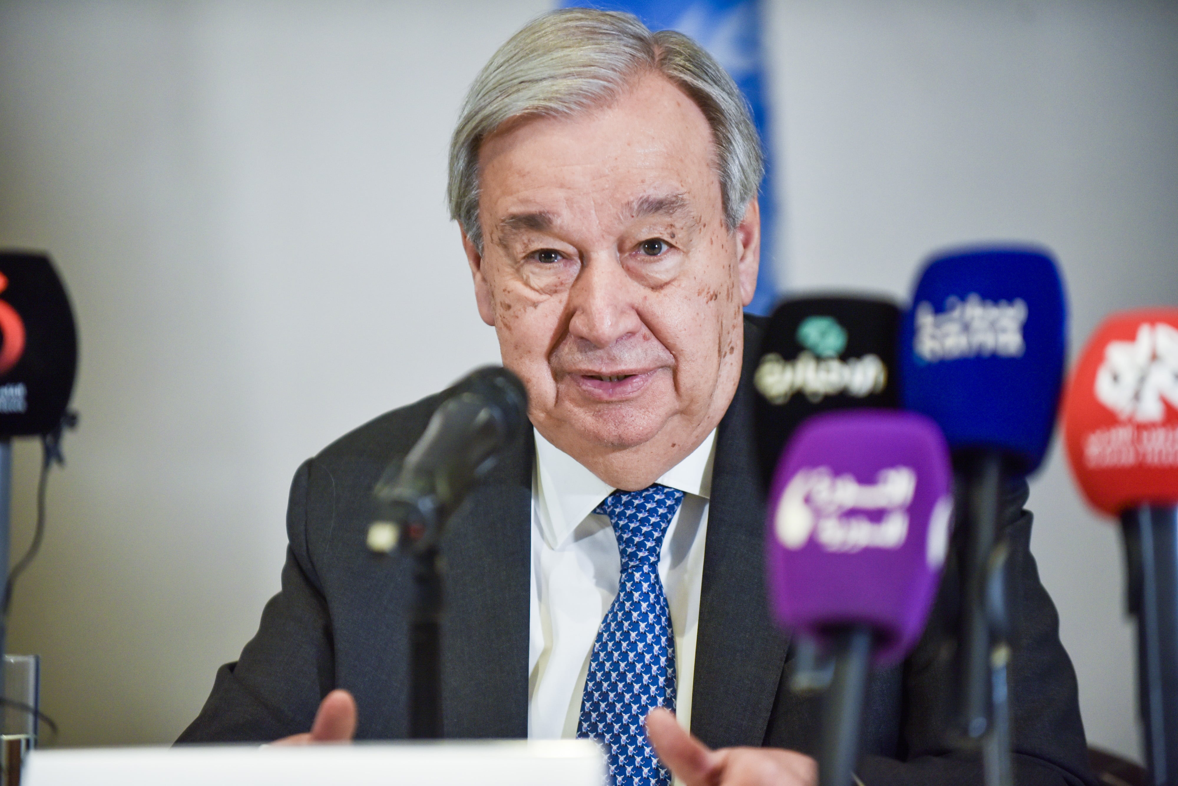 El secretario general de la ONU, Antonio Guterres, este domingo durante la conferencia de prensa en Damasco.