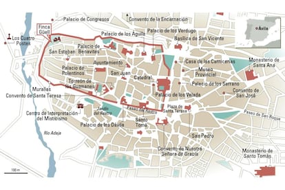 Mapa de Ávila con los principales monumentos.