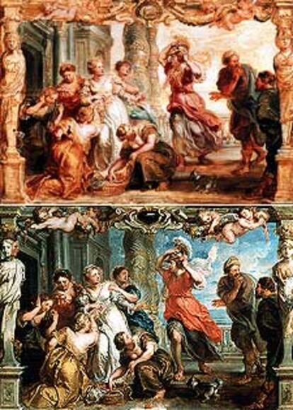 Boceto (arriba) y modelo de <i>Aquiles entre las hijas de Licomedes, </i>de Rubens.