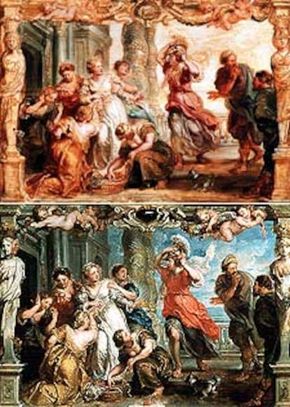 Boceto (arriba) y modelo de <i>Aquiles entre las hijas de Licomedes, </i>de Rubens.