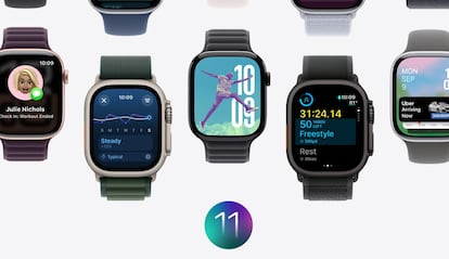 Varios relojes inteligentes de Apple con el sistema operativo watchOS 11