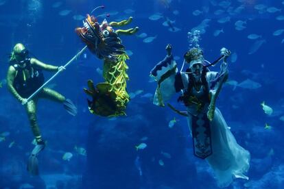 Varios buzos realizan un espectáculo de danza bajo el agua en el Acuario S.E.A. Open Ocean Habitat en Resorts World Sentosa, Singapur.