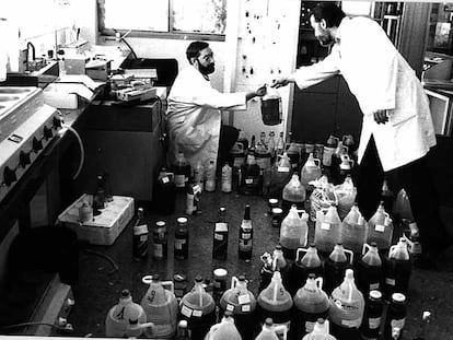 Dos analistas examinan aceite durante el 'Caso de la colza' en julio de 1981.