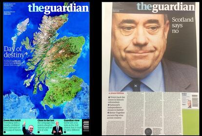 El diario 'The Guardian' abría el jueves 18, el día de la votación, con gran mapa de Escocia, combinando los colores corporativos con los de la bandera escocesa. Hoy la cara de decepción de uno de los protagonistas, el líder independentista Alex Salmond, acompañaba al titular 'Escocia dice no' en la edición especial de esta mañana.