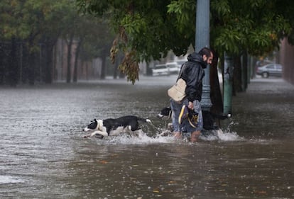 Un hombre camina junto a sus perros por una calle inundada en la ciudad de Buenos Aires (Argentina), 2 de abril de 2013.