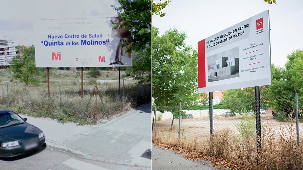 Dos fotos, de 2008 y de 2024, de dos vallas en la misma parcela, en la esquina de las calles Siro Muela y Tampico (distrito de San Blas, este de Madrid), anunciando la construcción del centro de salud Quinta de los Molinos.