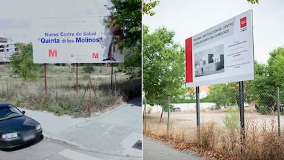 Dos fotos, de 2008 y de 2024, en la misma parcela, de dos vallas en la esquina de las calles Siro Muela y Tampico (distrito de San Blas, este de Madrid), anunciando la construcción del centro de salud Quinta de los Molinos.
