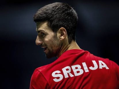 Djokovic, durante un entrenamiento de Serbia en la Caja Mágica.