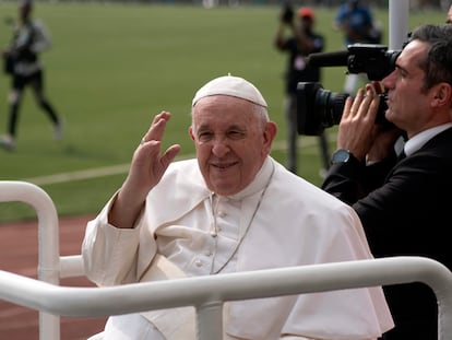 Pope Francis waves at worshipers at the Martyrs’ Stadium in Kinshasa, Congo, Thursday Feb. 2, 2023.