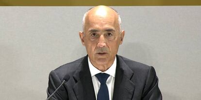 El presidente de Ferrovial, Rafael del Pino, este mediodía en la junta de accionistas del grupo de infraestructuras.