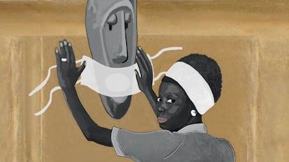 <p>Las películas de Ousmane Sembène, considerado el padre del cine africano, representan un espejo inmenso donde se refleja el universo híbrido del continente; su cine constituye un homenaje a la mujer africana y al heroísmo cotidiano. </p>
<p>En la imagen, fotograma de 'La Noire de…', imagen icónica en la filmografía de Sembène, representa el instante en el que Diouana, la protagonista interpretada por M’Bissine Thérèse Diop, se dirige a la máscara, fetiche central a lo largo de toda la narración de la película, que escenifica la relación entre Senegal y Francia. En el dibujo, añadí un elemento que nos traslada al presente, condicionado por la covid-19; y a una de las reflexiones que nos dejó Sembène: “Si los africanos no cuentan sus propias historias, África desaparecerá”.</p>