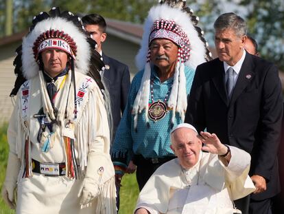 Pope Francis arrives for a pilgrimage at the Lac Saint Anne, Canada, on July 26, 2022.