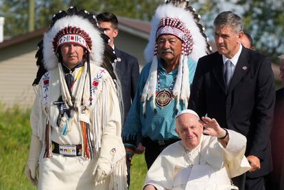 Pope Francis arrives for a pilgrimage at the Lac Saint Anne, Canada, on July 26, 2022.