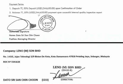 Las dos supuestas firmas de Sin Chan Choon incluidas en dos documentos aportados por los comisionistas, que generan dudas al fiscal, que cree que al menos una se falsificó.
