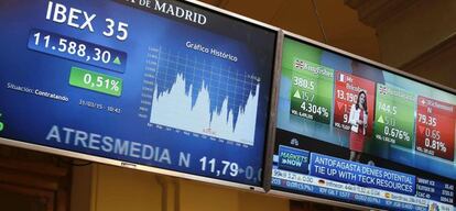 Monitores informativos en el parqu&eacute; madrile&ntilde;o con las variaciones, entre otros &iacute;ndices, del IBEX 35, el principal indicador de la bolsa espa&ntilde;ola.