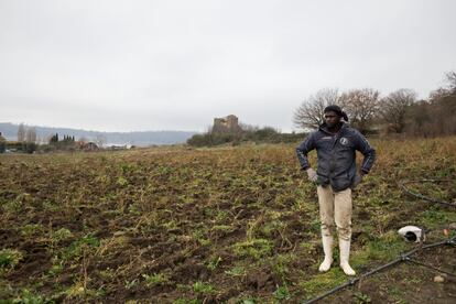 Aboubakar, otro joven maliense y miembro de Barikama, descansa entre los campos en los que trabaja durante una fría mañana de febrero. La cooperativa produce yogur y recolecta vegetales en las orillas del lago Martignano desde su creación.