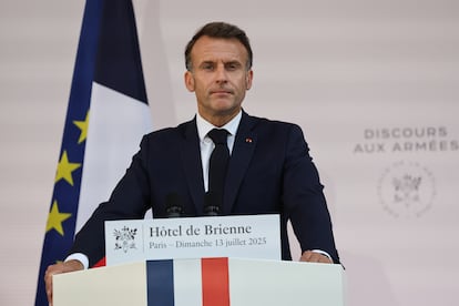 El presidente francés, Emmanuel Macron, en un momento de su discurso a las Fuerzas Armadas, en la víspera de la fiesta nacional francesa, en París. Paris.
