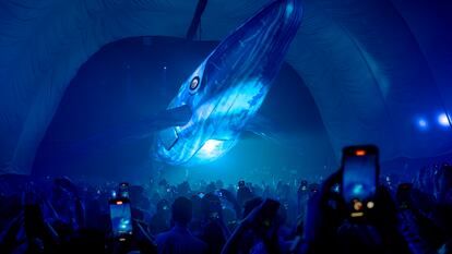 Una ballena es iluminada en el Frontón México.