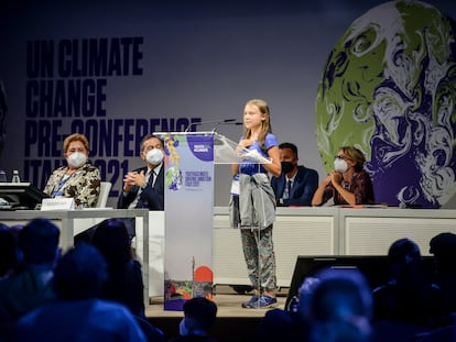 La joven activista contra el calentamiento global Greta Thunberg, este martes en Milán.