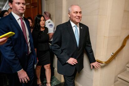 Republican Rep. of Louisiana and Republican nominee for House Speaker Steve Scalise exits a Republican Conference meeting on Capitol Hill in Washington, DC, October 11, 2023.
