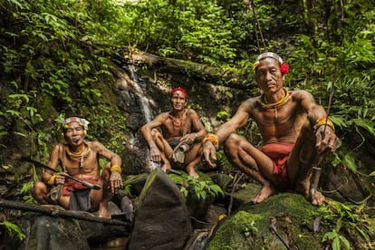 Los mentawai son un pueblo isleño que vive en un lejano archipiélago situado frente a la costa de Sumatra, en Indonesia. Han creado una forma de vida y una existencia sostenibles gracias al desarrollo de una cultura que venera todo lo que les da la vida: la tierra, las plantas, los animales, el agua y el cielo.
Los nativos y su forma de vida autóctona han prosperado en las islas durante milenios. Sin embargo, en los últimos años, debido a la introducción de proyectos nacionales de desarrollo y de programas de modernización, los mentawai han experimentado cambios significativos.
Actualmente, de su mundo no queda más que una minúscula comunidad tribal que vive en el interior profundo de la isla de Siberut intentado desesperadamente conservar su cultura autóctona.
El sikerei (chamán) mentawai posee un conocimiento infinito de la jungla y de cómo se puede –o no se puede– emplear cada especie vegetal o animal para propiciar su supervivencia. En la foto, de izquierda a derecha, los sikerei Aman Alangi Kunen, Aman Ipae and Aman Masit Dere.