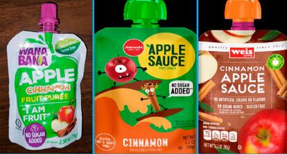 WanaBana apple cinnamon fruit puree pouches, Schnucks-brand cinnamon-flavored applesauce pouches and variety pack, and Weis-brand cinnamon applesauce pouches