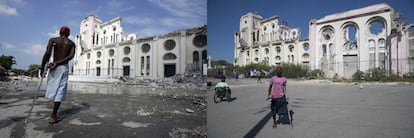 Combo fotográfico que muestra (i) la catedral destruida, el 20 de enero de 2010, y (d) la misma catedral el 7 de enero de 2020, en Puerto Príncipe (Haití).